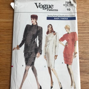 May include: A sewing pattern for a dress with three different styles. The pattern is from Vogue Patterns and is labelled as easy to sew. The pattern number is 7306 and the size is 10.