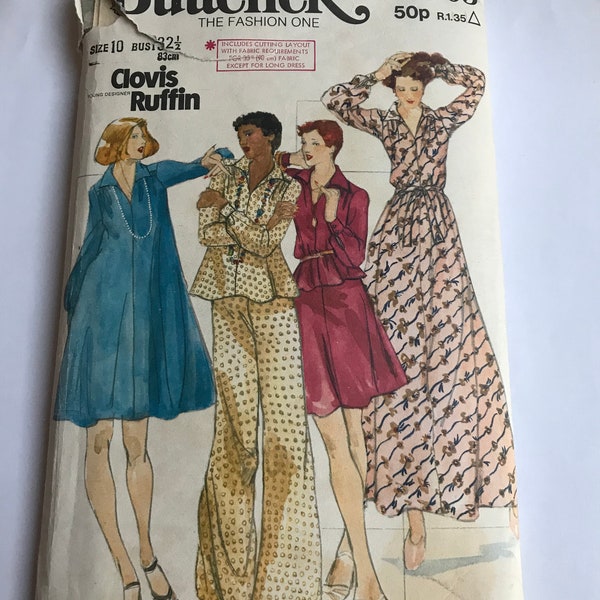 Rare Butterick 3603 sewing pattern; 1974; Clovis Ruffin - Misses' Top, Dress, Skirt & Pants. Size 10, 32.5" bust, cut