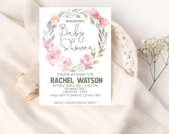 Baby Shower Invite, Floral Baby Shower Invitation, Pink Baby Shower Invitation, Invitation Template