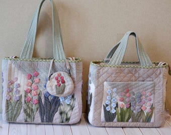 ハンドメイドの和風パッチワークトートバッグ：キルティングの花柄