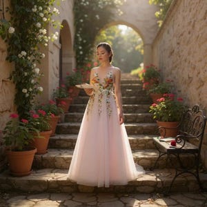 Whimsical Floral Tulle Gown | Pink Garden Fairy Dress | Embroidered Flower Dress | Romantic Wedding or Prom Dress | Custom Made | Hand Made