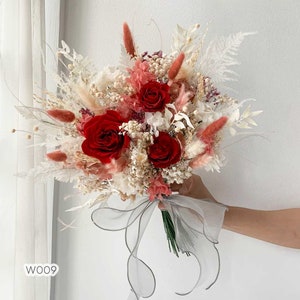 Dried Flower Wedding Bouquet Package – Bridal Bouquet, Bridesmaid Bouquets, Rustic Wedding Flowers, Eco Friendly Decor - Red & White, Pink