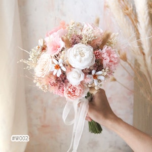 Dried Flower Wedding Bouquet Package – Boho Bridal Bouquet, Bridesmaid Bouquets, Rustic Wedding Flowers, Eco Friendly Decor-  Pink & White