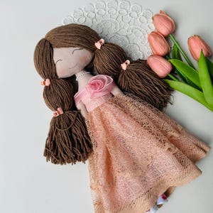 Handmade Fabric Doll - Yarn Hair & Floral Dress | Heirloom Gift for Girls | Nursery Decor | Keepsake Doll 14&quot; - Bella Rose