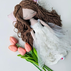 Handmade Custom Fabric Doll - Yarn Hair & Floral Dress | Heirloom Gift for Girls | Nursery Decor | Keepsake Doll 14&quot; - Elodie Grace