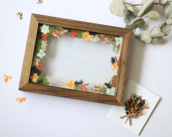 Custom Pressed flower Wood Photo Frame -Orange&Green-gifts for her/Anniversary/Birthday/Holiday/Wedding/Chrismas /Mother's Day(9"x7" Walnut)