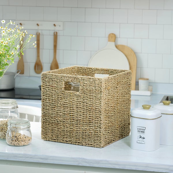 Foldable Handwoven Seagrass Storage Baskets/Wicker Cube Baskets Rectangular Laundry Organizer Totes/12 x 12 Wicker Baskets for Cube Shelf