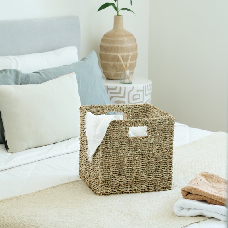 Foldable Handwoven Seagrass Storage Baskets/wicker Cube Baskets Rectangular Laundry Organizer