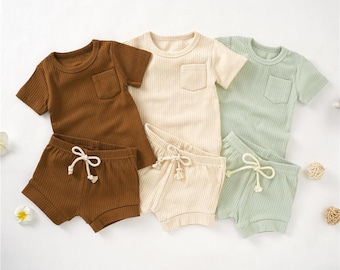 Organic Cotton Baby Short Set: Ribbed Newborn Summer Outfit