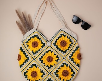 Handmade Crochet Sunflower Tote Bag: Granny Square Design