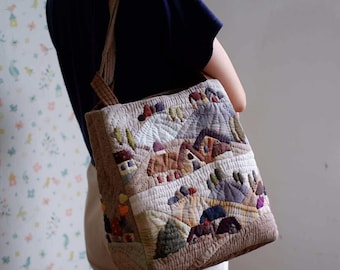 Japanese Patchwork Quilted Shoulder Bag: Handmade Crossbody, Tote bags, Patchwork Village Scene Bag, Unique Boho Quilt bags, Christmas gifts