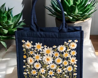 Daisy 3D Embroidery Bag, Flower bag with zipper, Tote Bags for women, Unique Handmade, Woman Shoulder Bag, Gift for girlfriend, Mother&#39;s Day