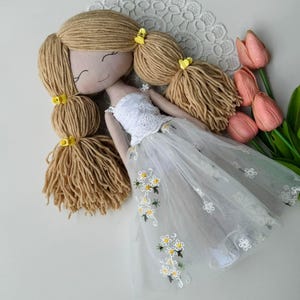 Handmade Fabric Doll - Yarn Hair & Floral Dress | Heirloom Gift for Girls | Nursery Decor | Keepsake Doll 14&quot; - Daisy Mae