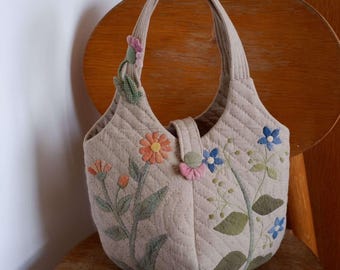 Japanese Patchwork Quilted Tote Bag: Handmade Floral Handbag, Tote bags