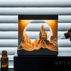 May include: White ceramic diffuser with a built-in LED light, featuring a miniature castle scene inside a circular opening. A dropper bottle is being used to add essential oil to the diffuser.
