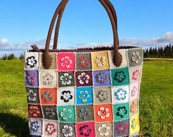 Flower Leather Bags, Tote bags with zipper, Tote Bags for women, Unique Handmade Bag, Woman Shoulder Bag, Gift for girlfriend, Gift for Mom