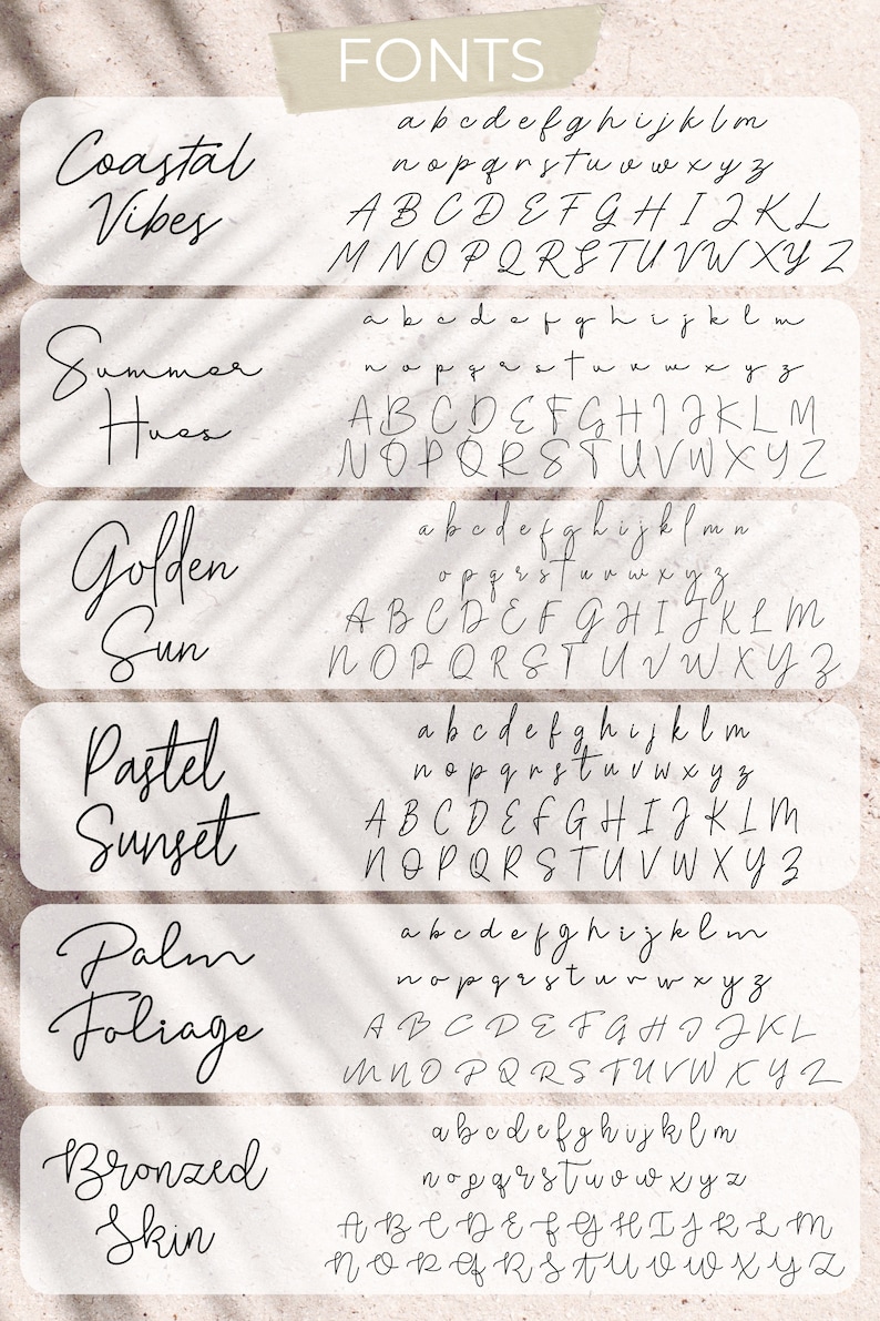 Pu&ograve; includere: Un'immagine digitale che mostra sei diversi stili di font con i nomi "Coastal Vibes", "Summer Hues", "Golden Sun", "Pastel Sunset", "Palm Foliage" e "Bronzed Skin". Ogni stile di font include lettere minuscole, lettere maiuscole e numeri.