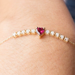 Heart Shape Natural Rhodolite, Opal Tennis Bracelet in 14K Yellow Gold Cable Chain