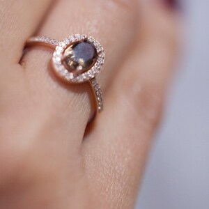 Oval Smoky Topaz and Brilliant 14K Rose Gold Multistone Ring, smoky topaz ring, halo diamond ring, gift for her, brown stone ring