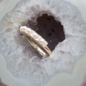 5 Pearl and Brilliant 14K Yellow Gold Ring, five pearl ring, pearl diamond ring, gift for mom, pearl design, freshwater pearl ring