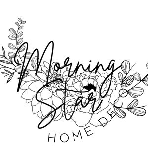 Może przedstawiać: Czarno-białe logo w stylu line art dla Morning Star Home Decor z ozdobnymi kwiatami i tekstem "Morning Star Home Decor".
