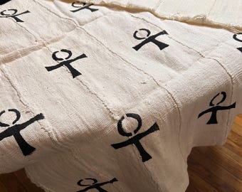 Authentic Ankh African Mudcloth Blanket Black White Key of Life Throw Handwoven Cotton Panel 66x41 Malian Bogolanfini Sacred Geometry
