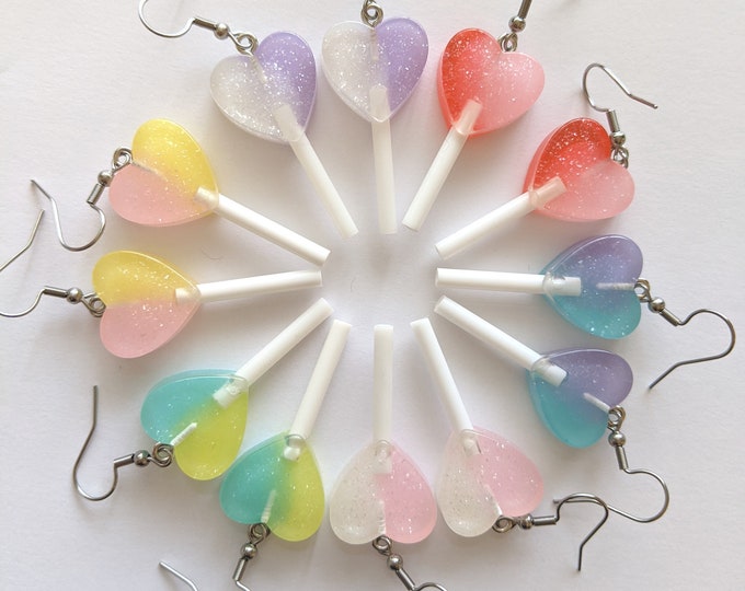 Cute 3D Heart Lollipop Resin Candy Stainless steel Earrings