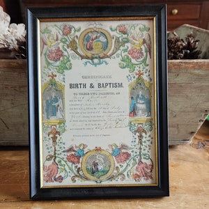 1855 Geburt & Taufurkunde Handkoloriert Primitive Antik