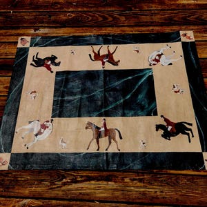 Vintage Painted Canvas Mat, Floorcloth Rug with Horses, Fox and Dogs