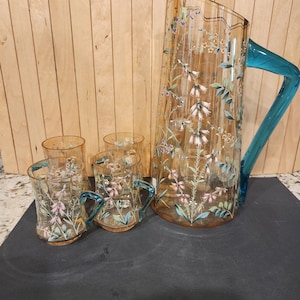 Turquoise Moser Glass Pitcher and Drinking Glass Set Antique