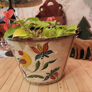 Pennsylvania Signed Hand Painted Tin Bucket with Red Handle Vintage