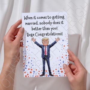 Afdrukbare Trump-trouwkaart voor stel, grappige politieke digitale download Trump-wenskaart voor gefeliciteerd met je huwelijk pdf