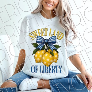 4 de julho PNG, download digital de coquete de limão Cottagecore com estrelas, design de camisa patriótica vintage Lemons Sweet Land of Liberty PNG