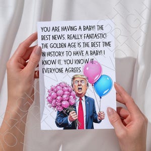 Cartão de chá de bebê Trump para impressão, cartão de felicitações político digital engraçado para download para apoiadores de Trump, cartão de parabéns pelo nascimento da criança