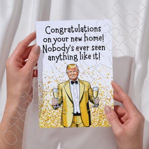 Afdrukbare Trump New Home Card voor stel, grappige politieke digitale downloadwenskaart voor aanhangers van Trump, grappige housewarmingkaart pdf
