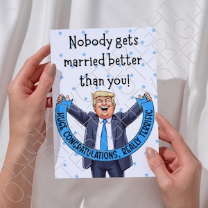 Afdrukbare Trump-trouwkaart voor stel, grappige politieke digitale download Trump-wenskaart voor gefeliciteerd met je huwelijk pdf