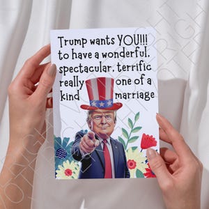 Afdrukbare Trump-trouwkaart voor stel, grappige politieke digitale download Trump-wenskaart voor gefeliciteerd met je huwelijk pdf