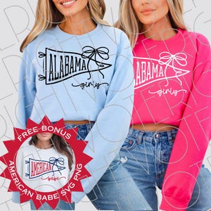 Alabama Girly SVG PNG - Fanion d'État rétro avec noeud pour Cricut - PNG noir et blanc + American Babe Design en prime