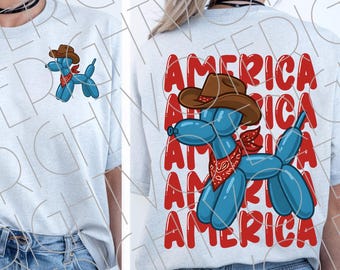 Boho Balloon Dog Sublimation America Instant Digital Download, Independence Day Front & Back Patriotic shirt Design