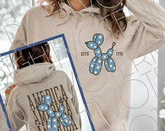 Boho Balloon Dog Sublimation America Instant Digital Download, Independence Day Front & Back Patriotic shirt Design