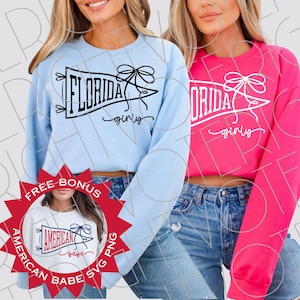 Florida Girly SVG PNG - Retro State Wimpel mit Schleife für Cricut - Schwarz & Weiß PNG + Bonus American Babe Design