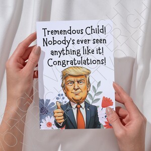 Cartão de chá de bebê Trump para impressão, cartão de felicitações político digital engraçado para download para apoiadores de Trump, cartão de parabéns pelo nascimento da criança