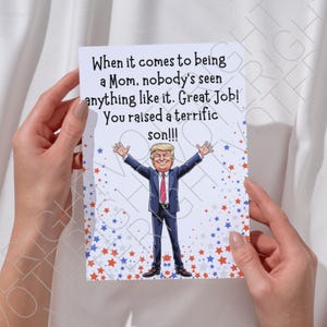 Cartão de Dia das Mães de Trump para impressão do filho, cartão de felicitações político digital engraçado para download para apoiador de Trump, cartão fofo em PDF para a mãe