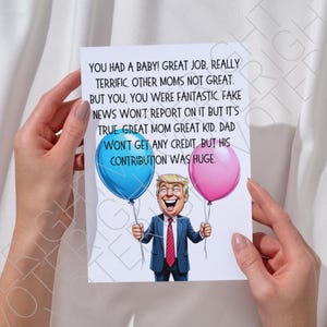 Cartão de chá de bebê Trump para impressão, cartão de felicitações político digital engraçado para download para apoiadores de Trump, cartão de parabéns pelo nascimento da criança