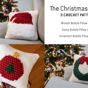 May include: Three crochet pillow covers featuring Christmas themes: a wreath, Santa hat, and ornament. Each pillow cover is made with a white background and colorful bobble stitches.