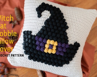 CROCHET PATTERN: Witch Hat Bobble Pillow Cover / Crochet Halloween Pattern / Crochet Pillow / Crochet Fall / Crochet Bobble Pillow / Pumpkin