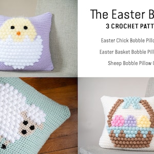 May include: Three crochet pillow covers featuring Easter themes: a chick in an egg, a basket of Easter eggs, and a sheep. The pillow covers are made with white bobble stitch and feature different colored backgrounds.