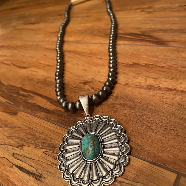 Turquoise stone concho long Navajo beaded necklace