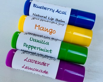 Natural Lip Balm, Vegan, Moisturizing, Creamy, Handmade, Zero Additives, Chap Stick, Lavender Lemon, Peppermint, Mango, Bluberry Acai, Gift