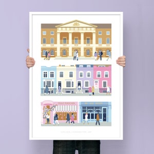 Chelsea London Print with postcode text showing the Saatchi Gallery, Bywater Road, Peggy Porschen & My Old Dutch Pancakes, Kensington in SW1